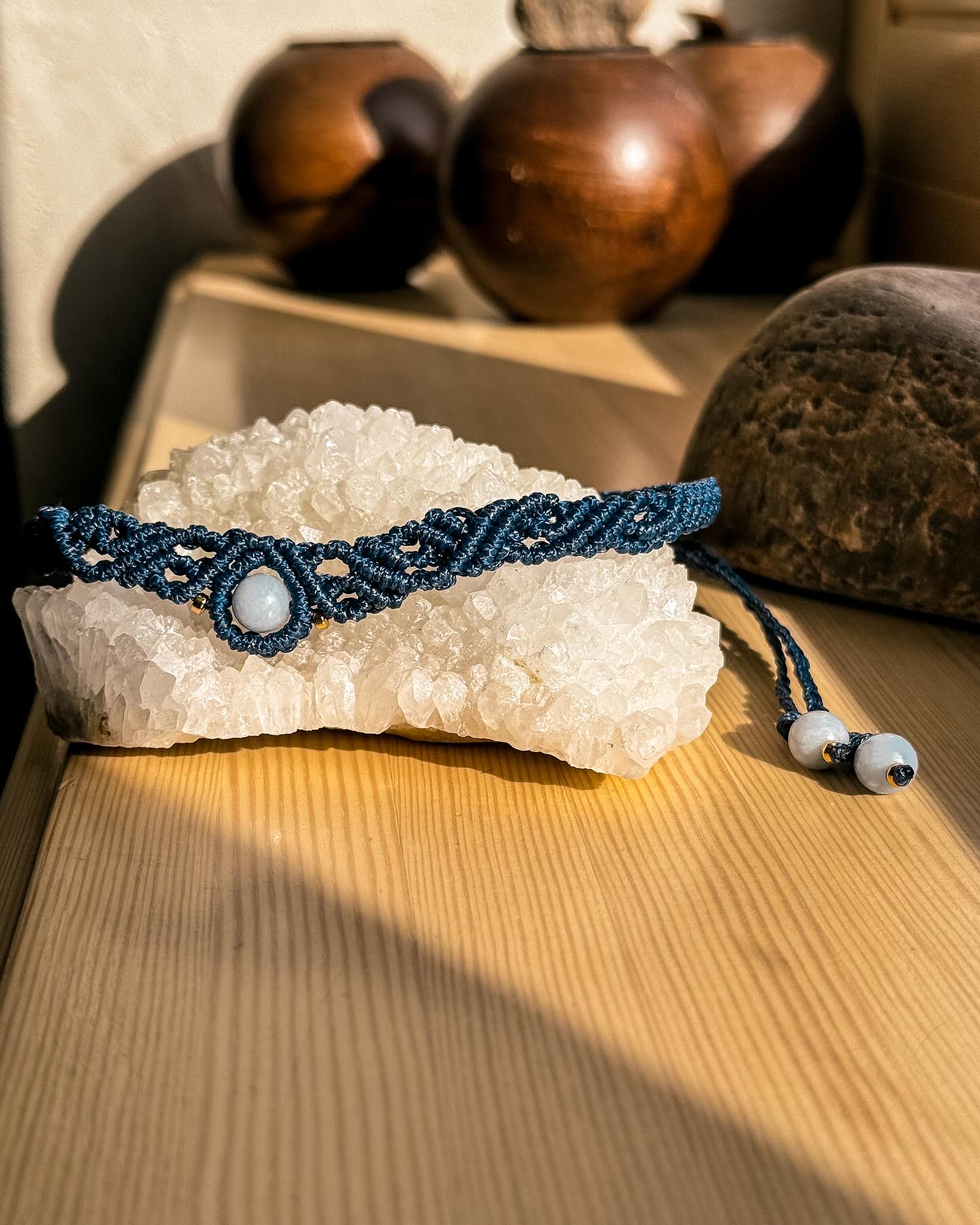 Macrame necklace with angelite stone.